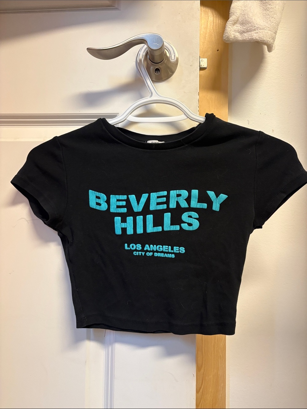 Beverly Hills Black Crop Tee with Turquoise Logo - Kids